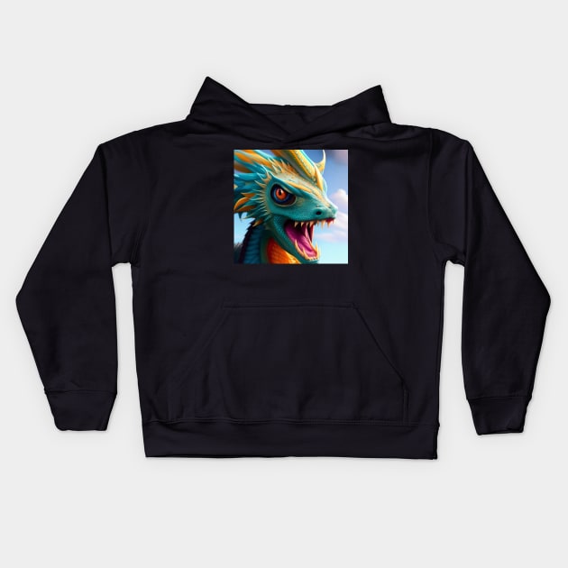 Ferocious Cyan and Gold Baby Dragon Kids Hoodie by dragynrain